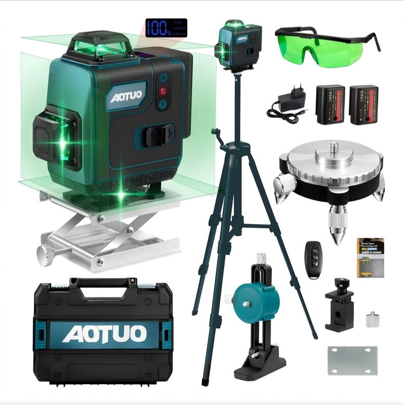 او تو او مستوى ليزر أخضر 4x360° بـ 16 خطًا مع حامل ثلاثي القوائم، وخطوط متقاطعة خضراء رباعية الأبعاد للبناء وتعليق الصور، وأداة قياس بالليزر مع بطاريتين قابلتين لإعادة الشحن وحقيبة أدوات... - Image 1